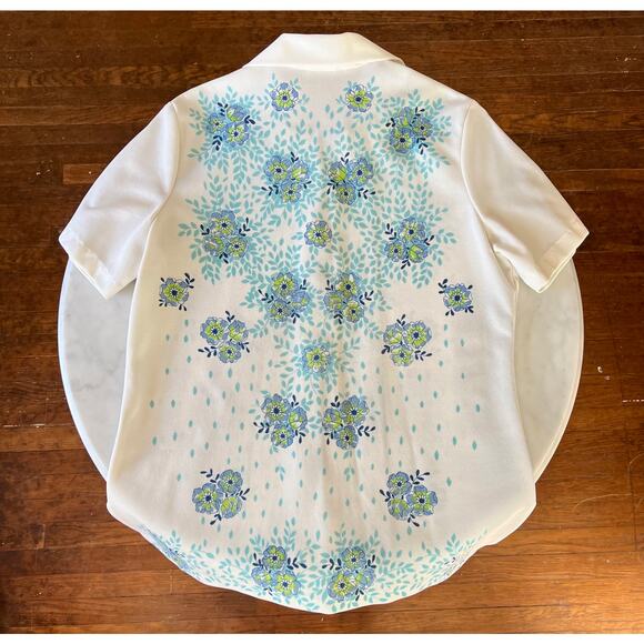 Vintage 70s Floral Button Up Knit Polyester Short Sleeve Collared Blouse / L XL - Picture 7 of 8